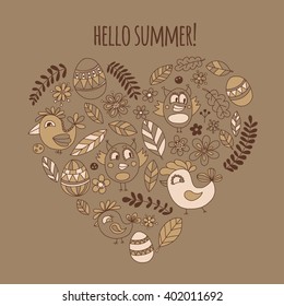 Doodle set with flowers, birds and eggs