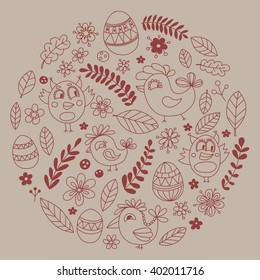 Doodle set with flowers, birds and eggs