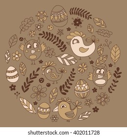Doodle set with flowers, birds and eggs