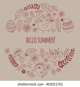 Doodle set with flowers, birds and eggs