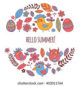 Doodle set with flowers, birds and eggs