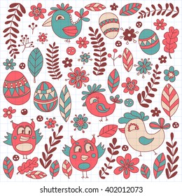 Doodle set with flowers, birds and eggs