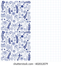 Doodle set with flowers, birds and eggs