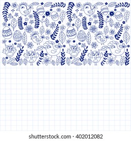 Doodle set with flowers, birds and eggs