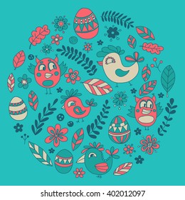 Doodle set with flowers, birds and eggs