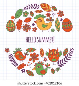 Doodle set with flowers, birds and eggs