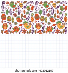 Doodle set with flowers, birds and eggs