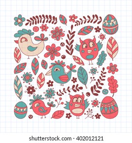 Doodle set with flowers, birds and eggs