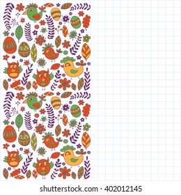 Doodle set with flowers, birds and eggs
