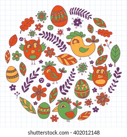 Doodle set with flowers, birds and eggs