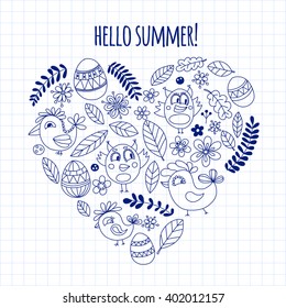 Doodle set with flowers, birds and eggs