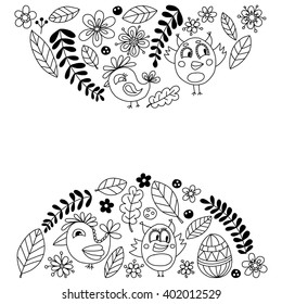 Doodle set with flowers, birds and eggs