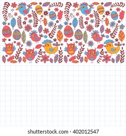 Doodle set with flowers, birds and eggs