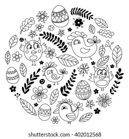 Doodle set with flowers, birds and eggs
