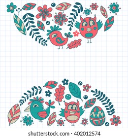 Doodle set with flowers, birds and eggs