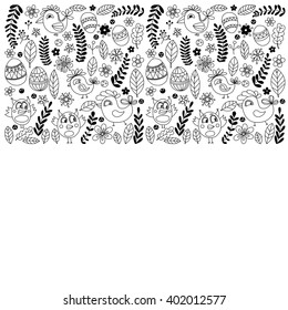 Doodle set with flowers, birds and eggs