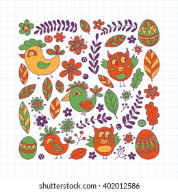 Doodle set with flowers, birds and eggs
