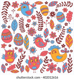 Doodle set with flowers, birds and eggs