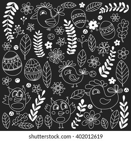 Doodle set with flowers, birds and eggs