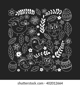 Doodle set with flowers, birds and eggs