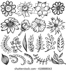 Doodle set of flowers and leaves. Vector sketch illustration. Hand drawn floral elements, spring background.
