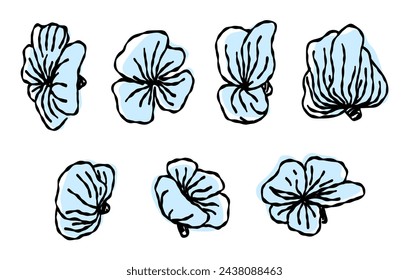 Kritzelei-Set von Blumen. Vektorzeichnung, Linie. Monochrome künstlerische botanische Illustration, isolierte florale Elemente, handgezeichnete Illustration.