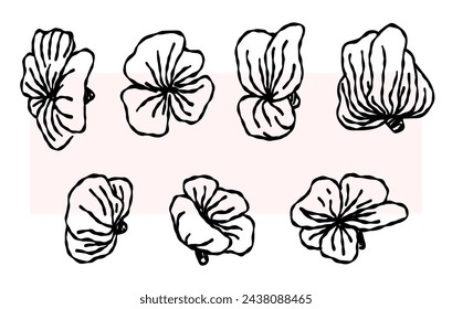 Doodle set of flowers. vector drawing, line. Monochrome artistic botanical illustration, isolated floral elements, hand drawn illustration.