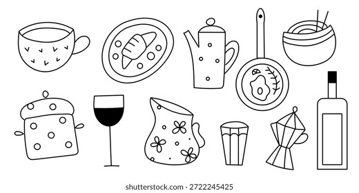 Conjunto de doodle com elementos de comida. Restaurar equipamento desenhado à mão.