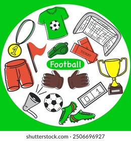 Doodle set with football items. T-shirt, shorts, gate, boots, ball, flag, cup, whistle flat cartoon vector illustration isolated on green background. Soccer or football game players collection.