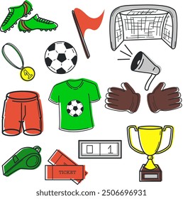 Doodle set with football items. T-shirt, shorts, gate, boots, ball, flag, cup, whistle flat cartoon vector illustration isolated on white background. Soccer or football game players collection.