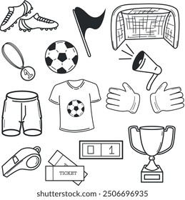 Doodle set with football items. T-shirt, shorts, gate, boots, ball, flag, cup, whistle flat cartoon vector illustration isolated on white background. Soccer or football game players collection.