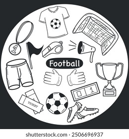 Doodle set with football items. T-shirt, shorts, gate, boots, ball, flag, cup, whistle flat cartoon vector illustration isolated on white background. Soccer or football game players collection.