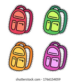 doodle Set of four colored backpacks with dotted stroke. Sticker. Hand drawn sketch outline backpack set isolated white background. bag for school, Hiking in the woods or mountains, shop. zip, pocket