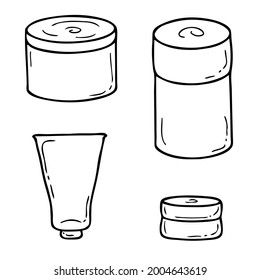 Doodle set of four empty self care cosmetic jars. Hand drawn vector illustration for decor and design.
