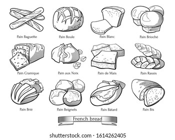 Doodle set of French types of bread. Hand drawn sketch of traditional bakery products. Vector illustration on white background.