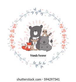 doodle set of friends forever. cute deer, bear, raccoon, fox and wild boar in floral frames hand drawing vector illustration for kid t-shirt print, greeting and invitation card