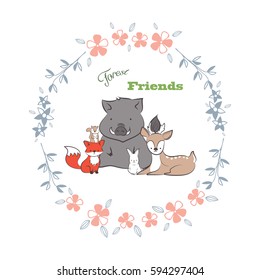 doodle set of friends forever. cute deer, rabbit, squirrel fox and wild boar in floral frames hand drawing vector illustration for kid t-shirt print, greeting and invitation card