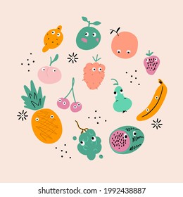 Doodle set of fruits with faces and eyes,  vector illustration in flat design isolated on soft pink background