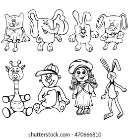 doodle set funny animals, children's toys. black and white drawing by hand. cat, elephant, rabbit, dog, giraffe, bear, doll.  animals with character