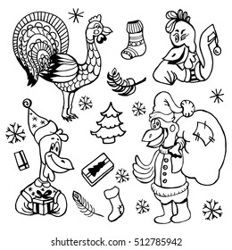 doodle set funny cocks. black and white drawing. Tree, New Year, gifts, bird wearing a hat, holiday