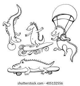 doodle set funny crocodiles. reptile skateboarding, surfing, is on the ball and jumping with a parachute