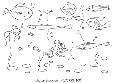 Doodle set of funny fish and underwater world, octopus and seaweed