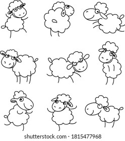 Doodle set of funny sheeps in different poses. Black line vector icons isolated on white background 