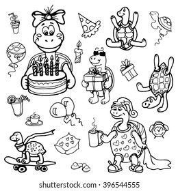 Doodle set of funny turtle: Cake with candles, presents, balloons, turtle in the splits, sleepy turtle with a cup on a skateboard