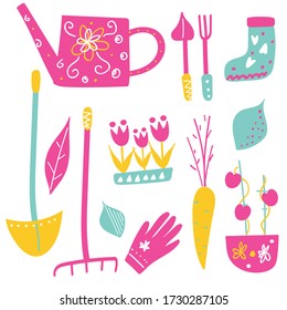 doodle set of garden elements. spring garden elements in vector