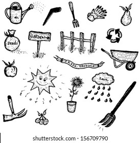 Doodle Set Of Gardening And Green Elements/ Illustration of a set of hand drawn spring or summer garden and green ecological icons elements, including tools, plants and flowers