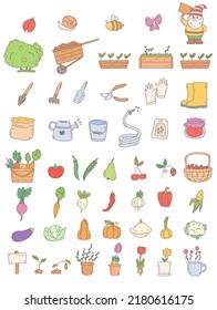 Juego de dibujos animados. Equipamientos, verduras, fruta, flores, insectos.