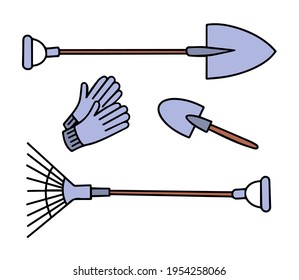 Doodle set of gardening tools in vector. Hand drawn flat illustration isolated on white background. Shovels, rakes and gloves. 