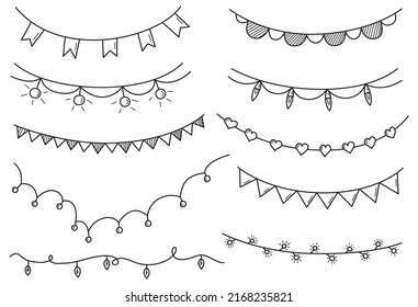 Doodle set of garlands. Hand drawn garlands with flags and light bulbs. Vector illustration.