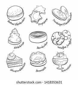 Doodle set of German sweets. Hand drawn sketch of traditional desserts. Vector illustration on white background.
